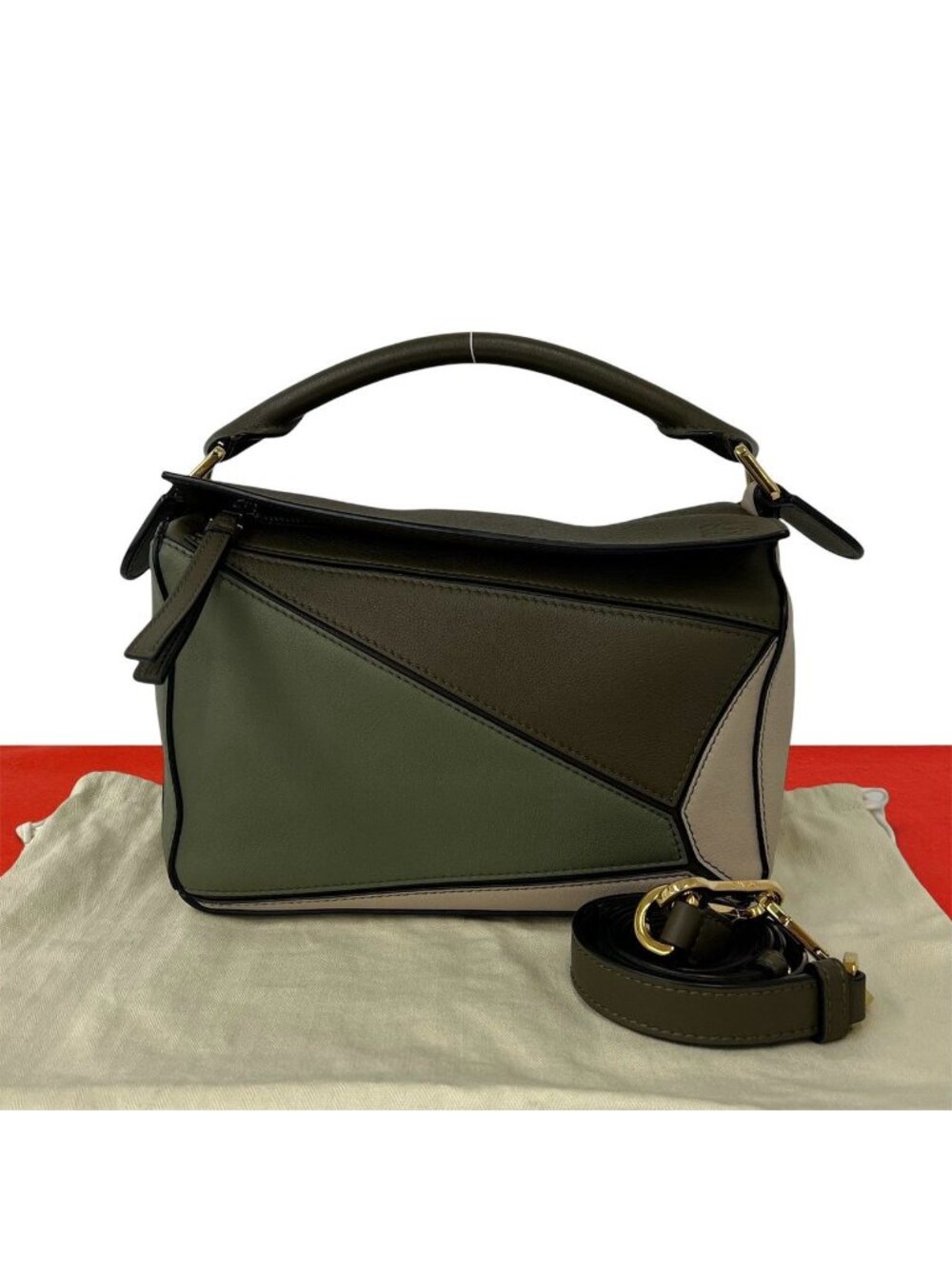 Loewe Puzzle Anagram Stamp Leather 2-Way Shoulder Bag Pochette Khaki